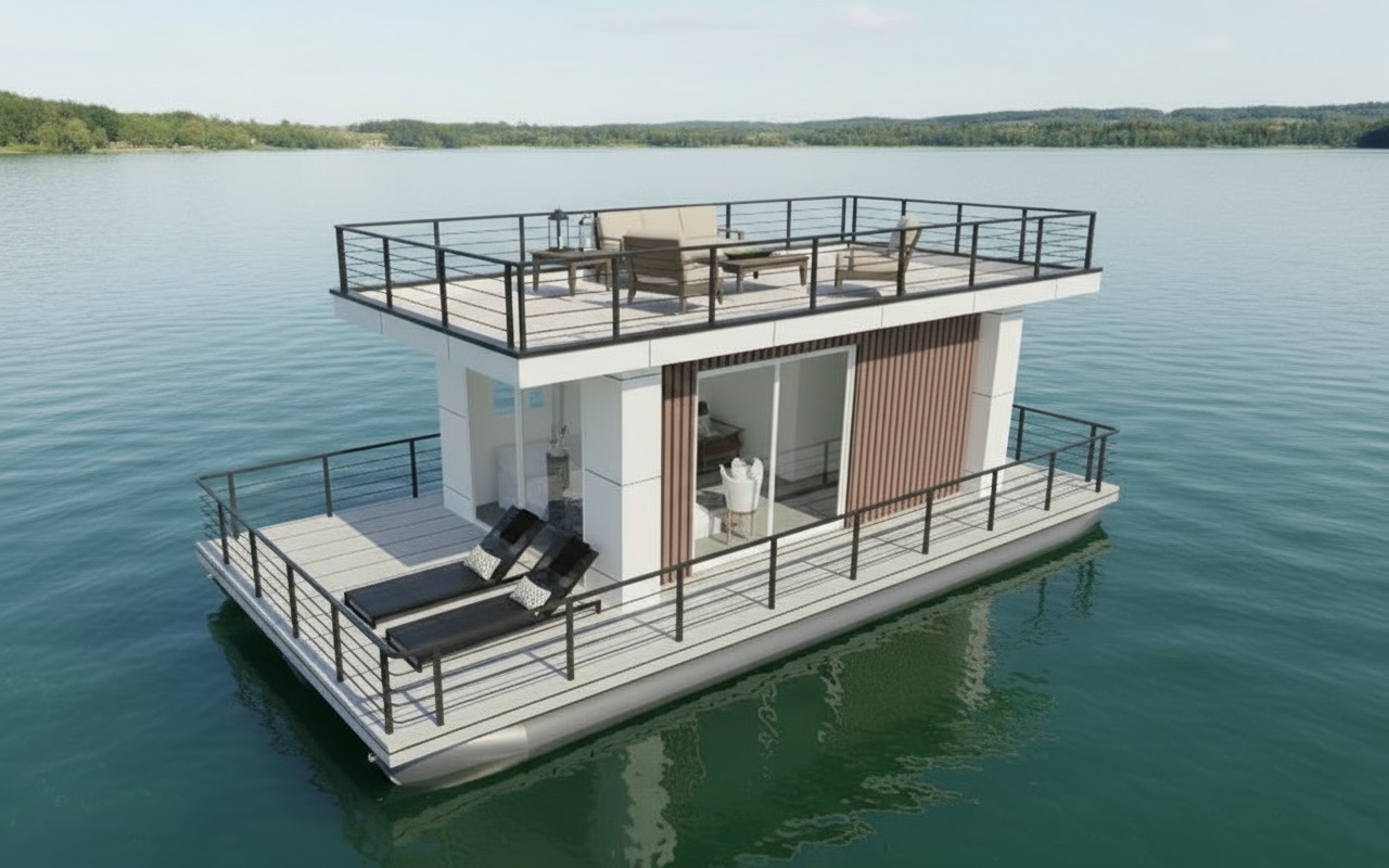 Rendering of the two-level Safari Safi houseboat with a rooftop lounge, docked on calm lake water