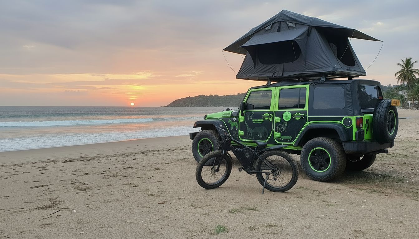 Jeep Wrangler with roof-top tent set up on the beach at sunset, e-fatbike parked alongside