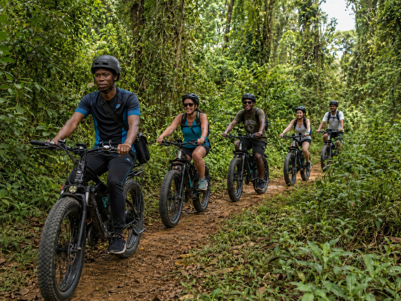 Group riding e-fatbikes single-file along a forest trail near Kibira